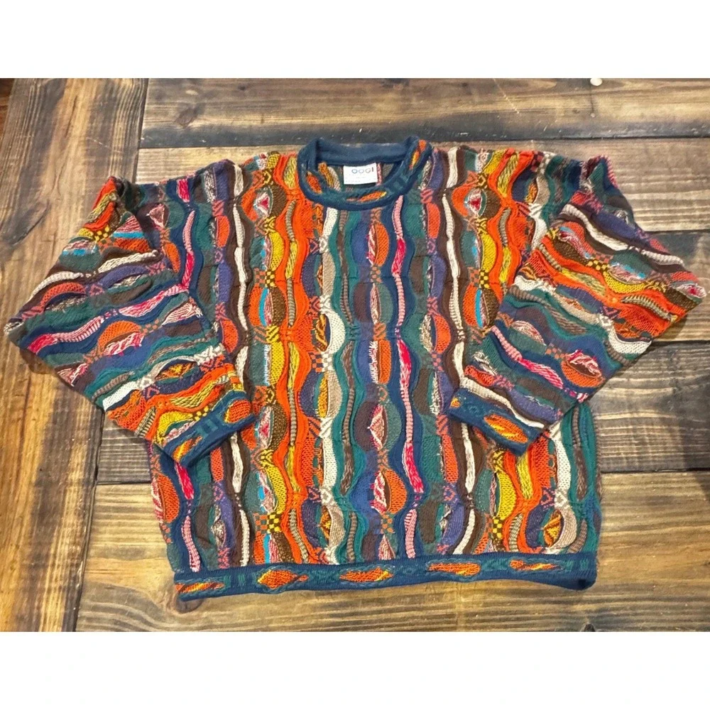 Vintage COOGI Australia Sweater Mens L 3D Knit Mercerised Cotton Multicolor 90s